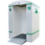 Emergency shower keeps hazardous materials confined and adapts to climate