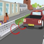 Curved barrier shields pedestrians