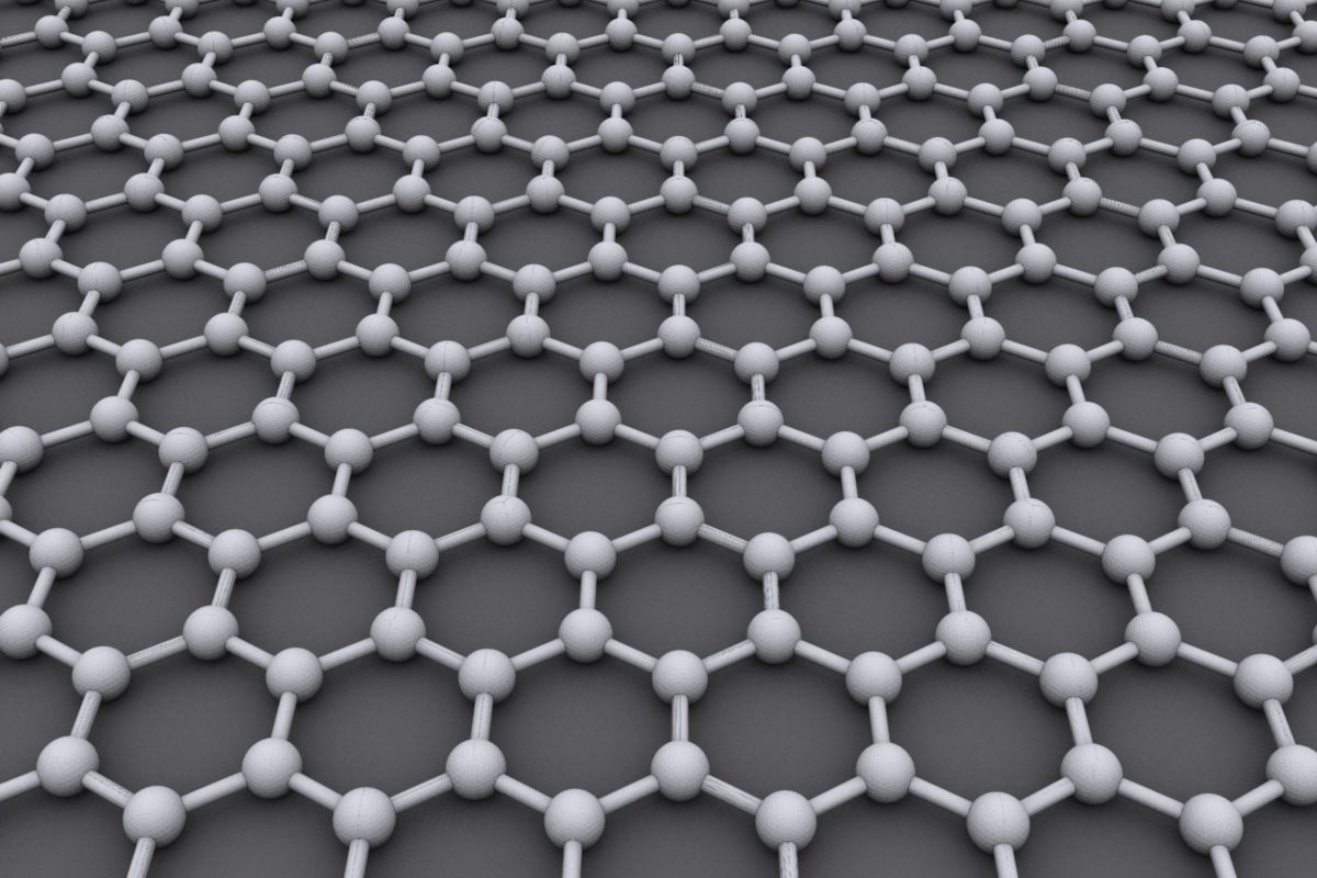 Illustration showing continuous matrix of graphene at molecular level with repeating pattern of bonded hexagonal structures