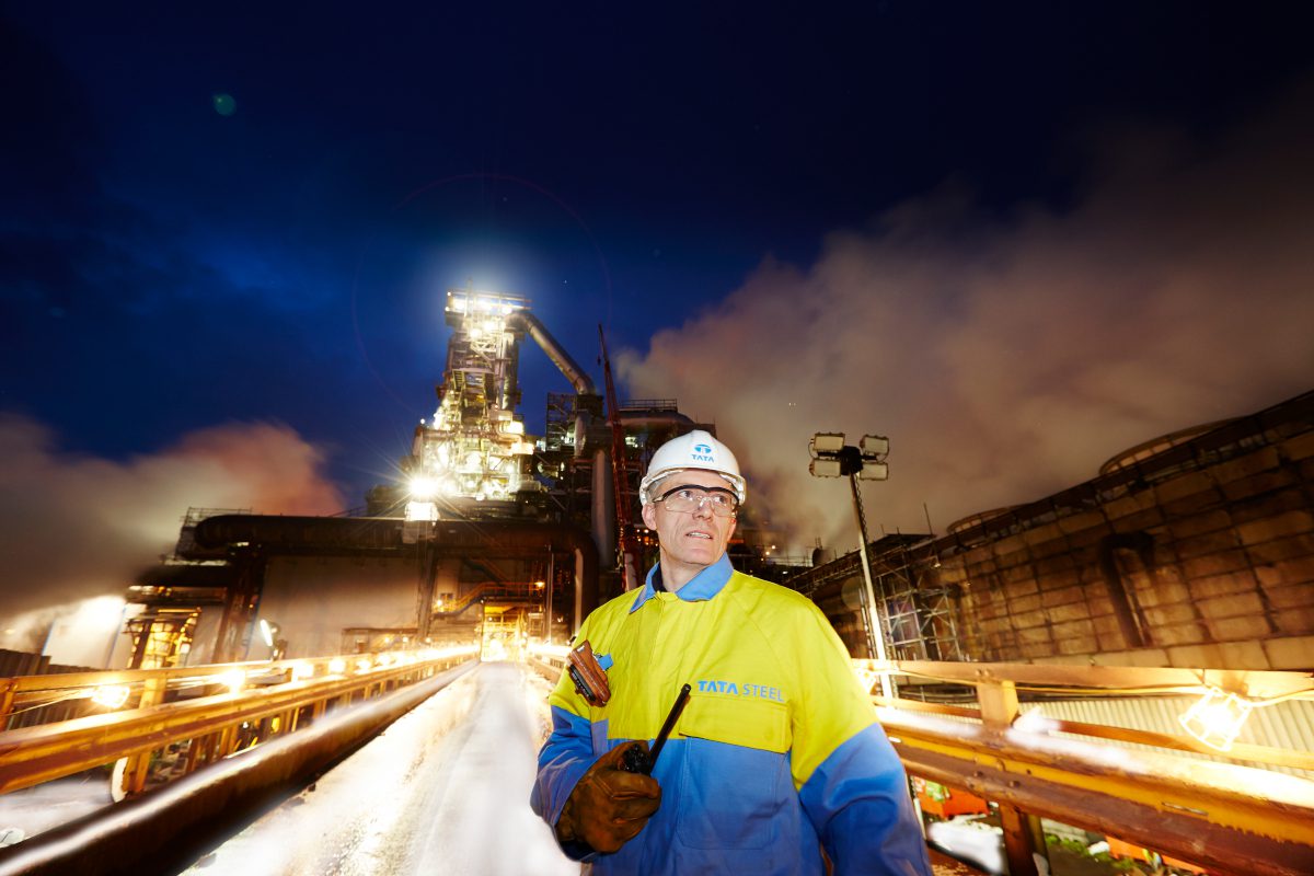 The Tata Steel logo is seen on a jacket as Tata Steel workers and