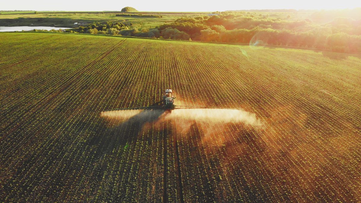 Aerial view of green field with crop-spraying vehicle in the middle of it, on a sunny day