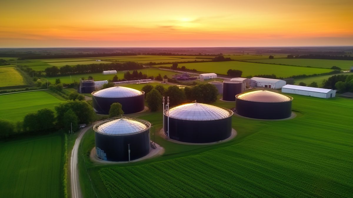 Cylindrical biogas plants arrayed in a field with sunset backdrop