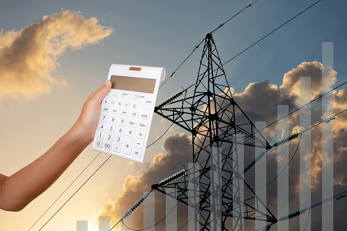 Illustration showing power pylons, a human hand holding a calculator, all against a late evening sky, and arranged so as to suggest an upward trending graph