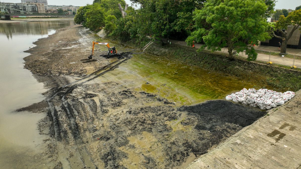 gently sloping, muddy expanse of the Thames shoreline, bordering on woodland and public path to the right of the image, with the river itself visible to the left of the image, and excavators visibly at work within the shoreline area