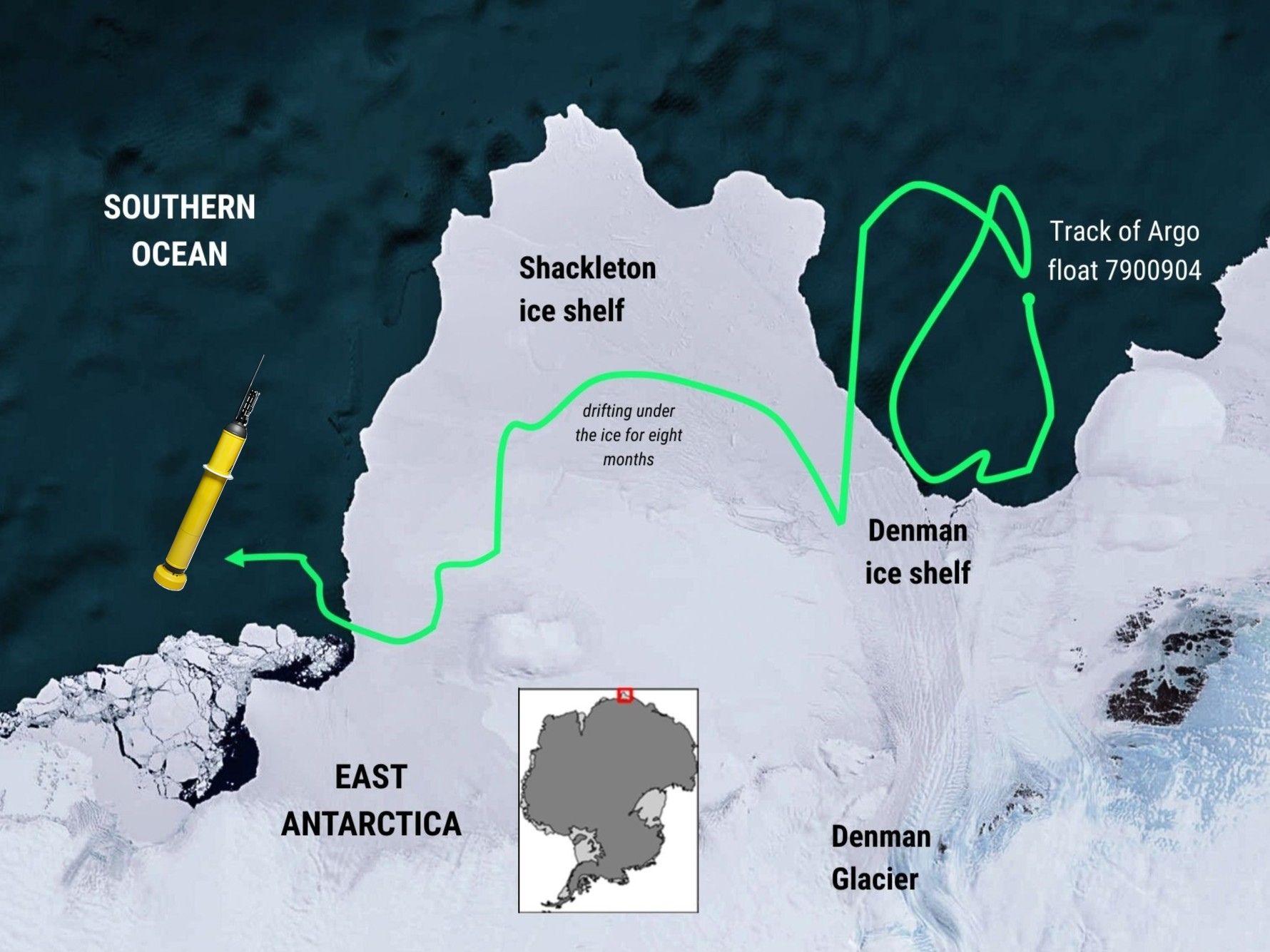 Diagram showing rough map of the area of East Antarctica tracked by the Argo float