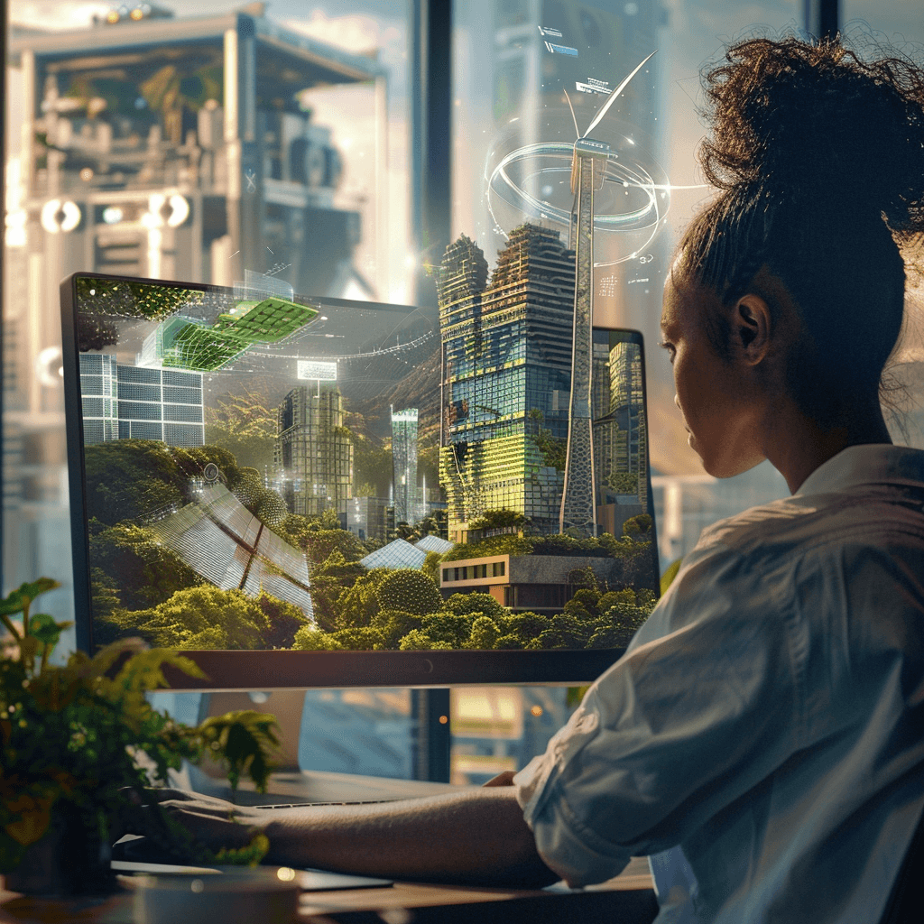 Abstract illustration showing a young woman with dark ponytail hair in a bright office space with large windows, working at a widescreen computer monitor out of which appears a profusion of green tree canopies and foliage and structures that look like buildings, some of which appear to be protruding out of the screen and into the room