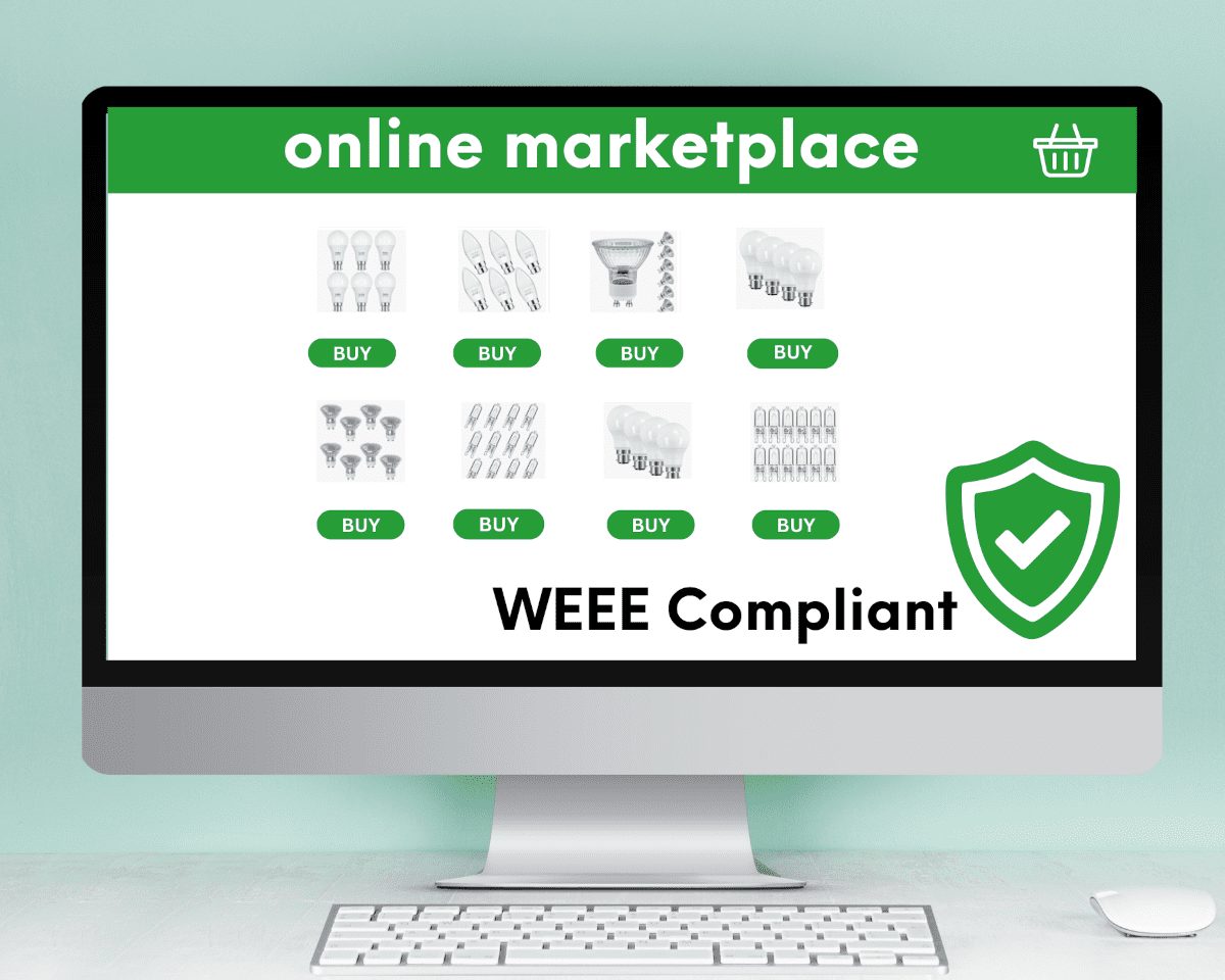 Large Apple Mac widescreen displaying items on sale online, and the words 'online marketplace' and 'WEEE compliant'