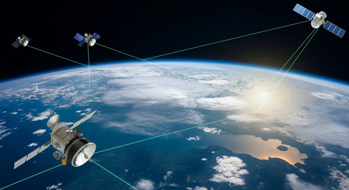 Artist’s impression of satellites in Earth orbit linked by laser-like optical power beams