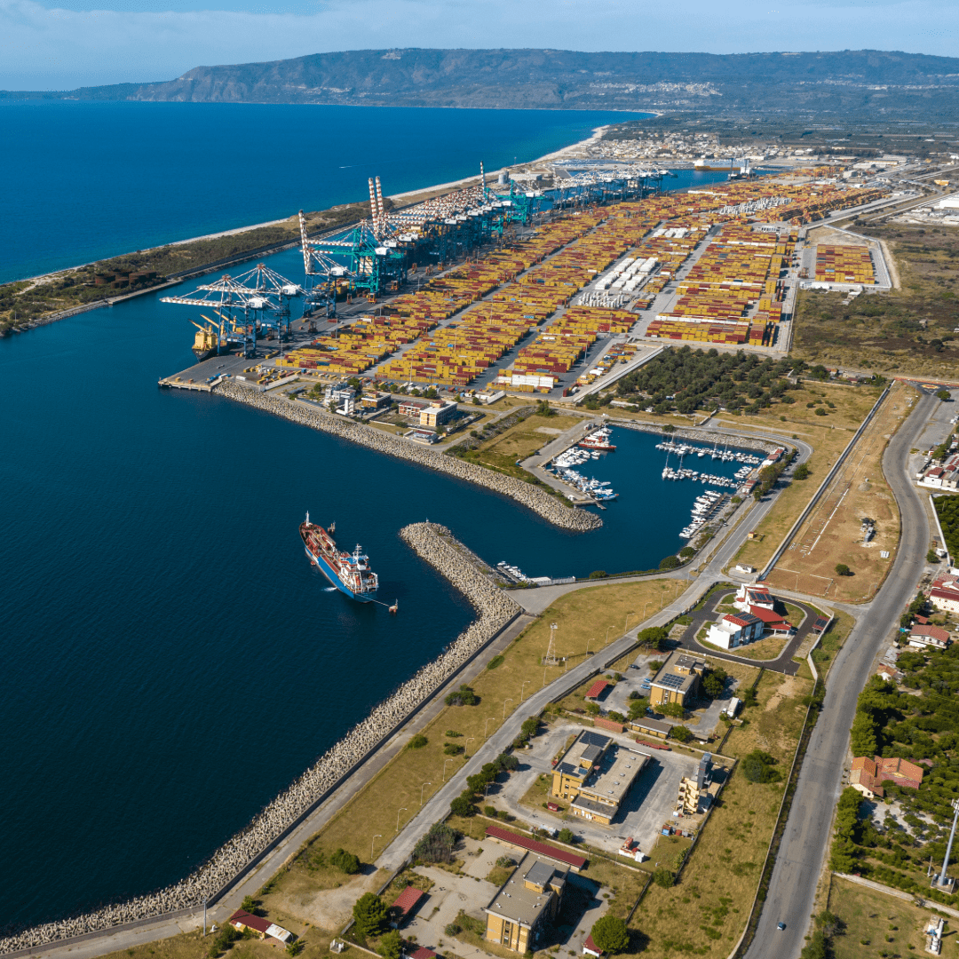 Aerial view of a commercial port and marine logistics hub