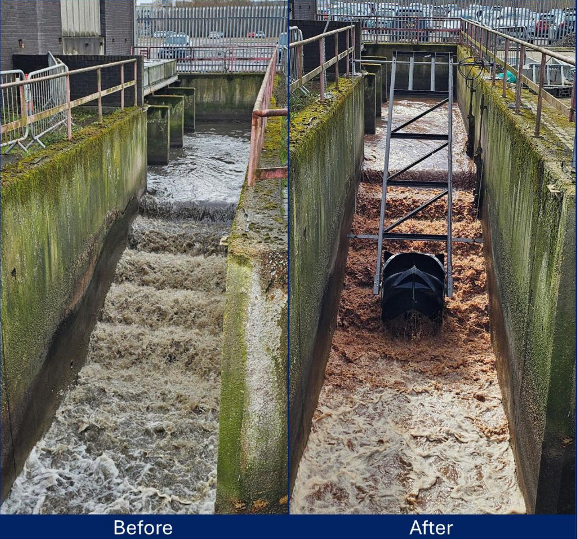 Before-and-after comparison of a wastewater channel at Scottish Water's Shieldhall treatment works, showing the installation of a PicoStream hydropower turbine in the channel after deployment