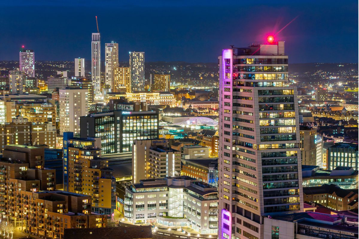 Nighttime cityscape of Leeds