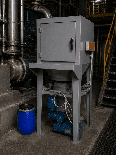 Industrial powder handling reagent cabinet installed beside process equipment in a treatment plant, with a blue dosing pump mounted beneath.