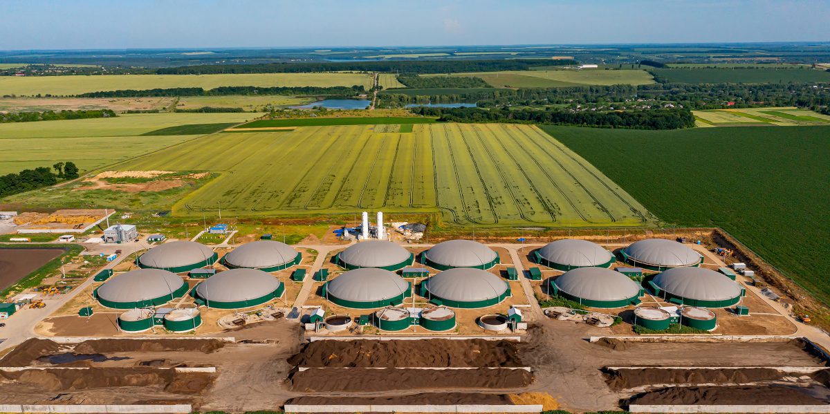 Biogas domes arrayed in 2 rows in rural farmland landscape, seen from above, with distant horizon in view