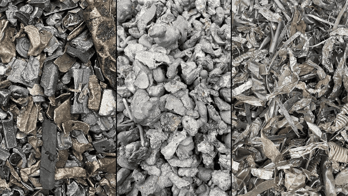Composite image showing three close-up views of mixed recycled metal scrap, illustrating different metal fractions—including heavy metals, aluminium and stainless steel—that can be separated using advanced LIBS-based sorting technology.