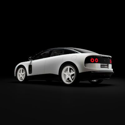 Rear three-quarter view of the white Ferrari Luce Tailor Made electric car against a black background.