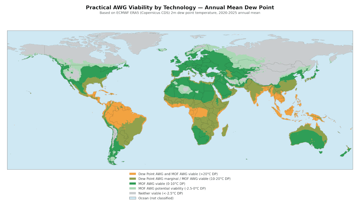 World map showing the comparative viability of dew-point and MOF-based atmospheric water harvesting according to annual mean dew-point temperature
