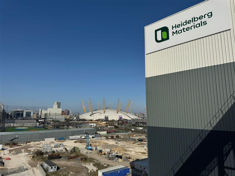 Heidelberg Materials’ Greenwich site overlooking the River Thames, with the O2 arena in the background