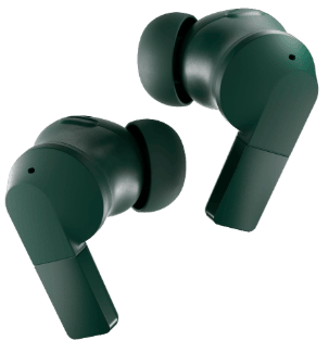 Two dark green Fairphone Fairbuds 2 wireless earbuds, shown at different angles against a transparent background.